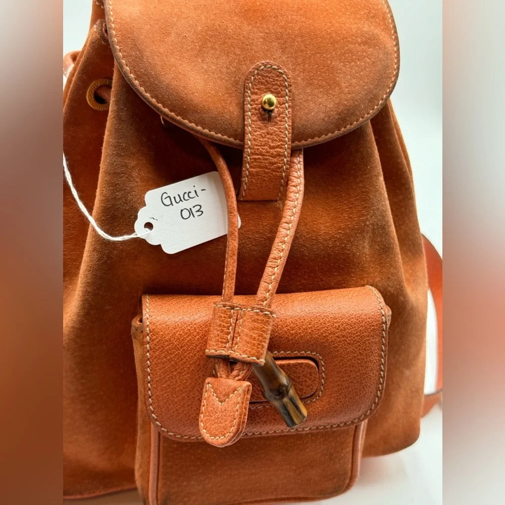 Gucci-Authentic-Vintage - Bamboo Backpack Purse Suede Leather Orange - Picture 16 of 16
